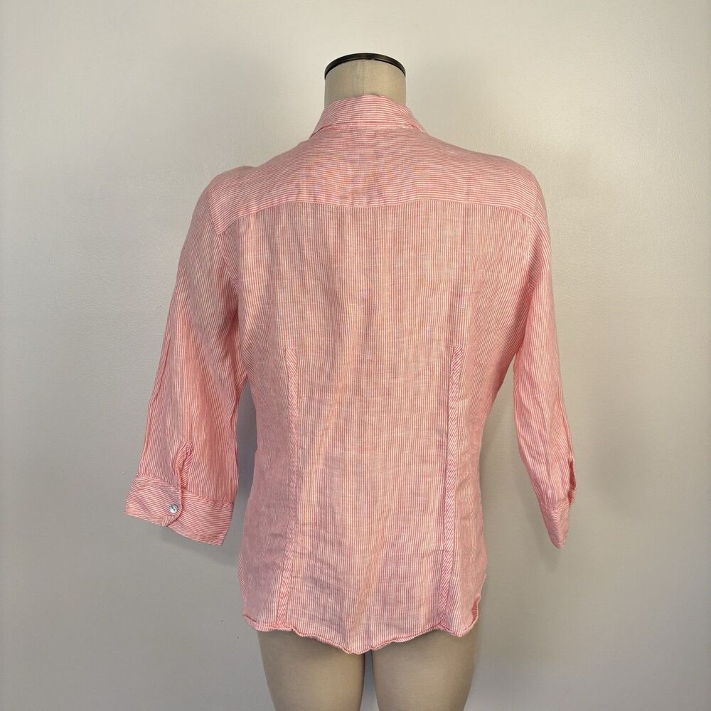 Foxcroft NYC Women’s 12P Linen Shirt Pink Striped Button Down Preppy Blouse Top - Picture 3 of 6